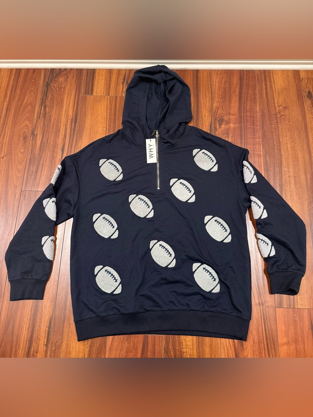 NWT Why Dress Football Chenille Patch Quarter Zip Hoodie Navy Blue Medium